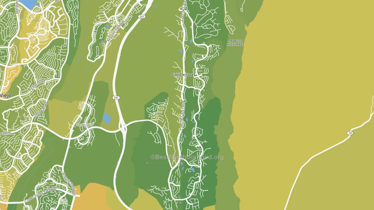 Map of the best neighborhoods in the Coto de Caza area, with better matches in green and worse matches in red