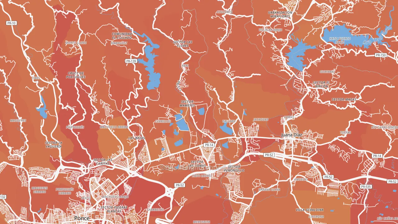 Map of the best neighborhoods in the Coto Laurel area, with better matches in green and worse matches in red