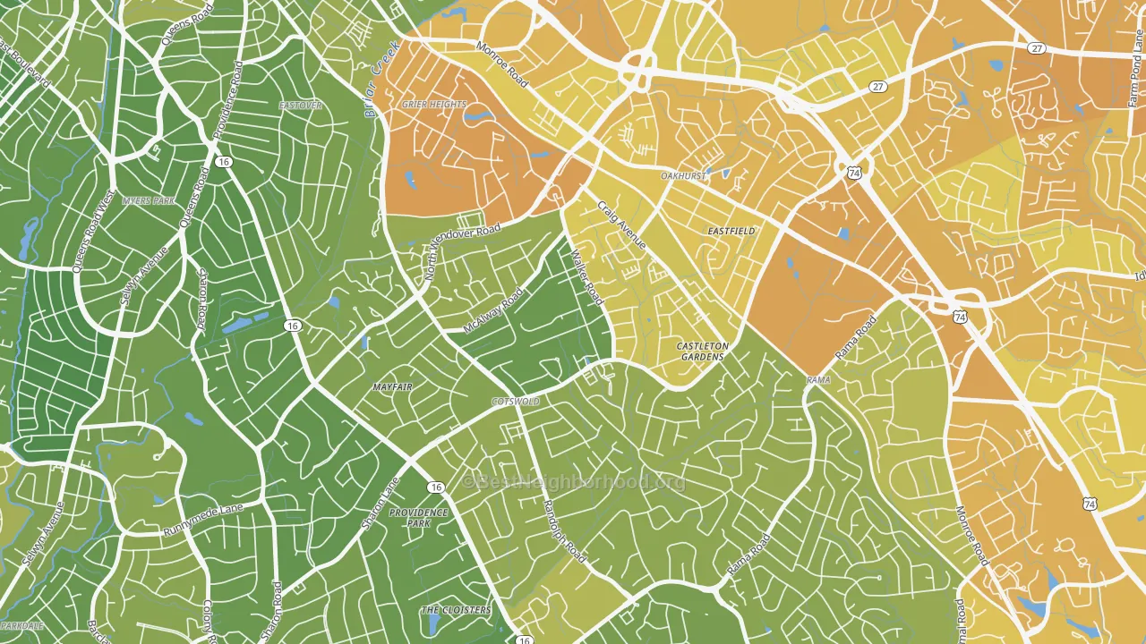 Map of the best neighborhoods in the Cotswold, Charlotte area, with better matches in green and worse matches in red