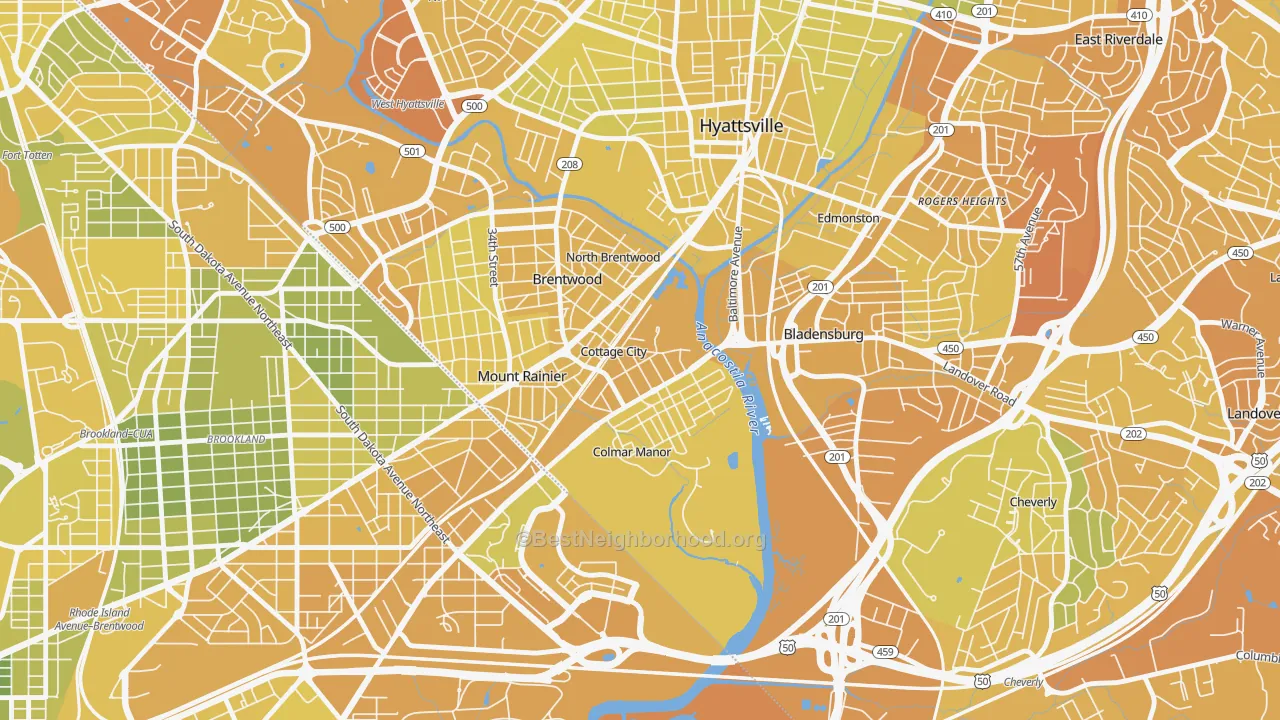 Map of the best neighborhoods in the Cottage City area, with better matches in green and worse matches in red