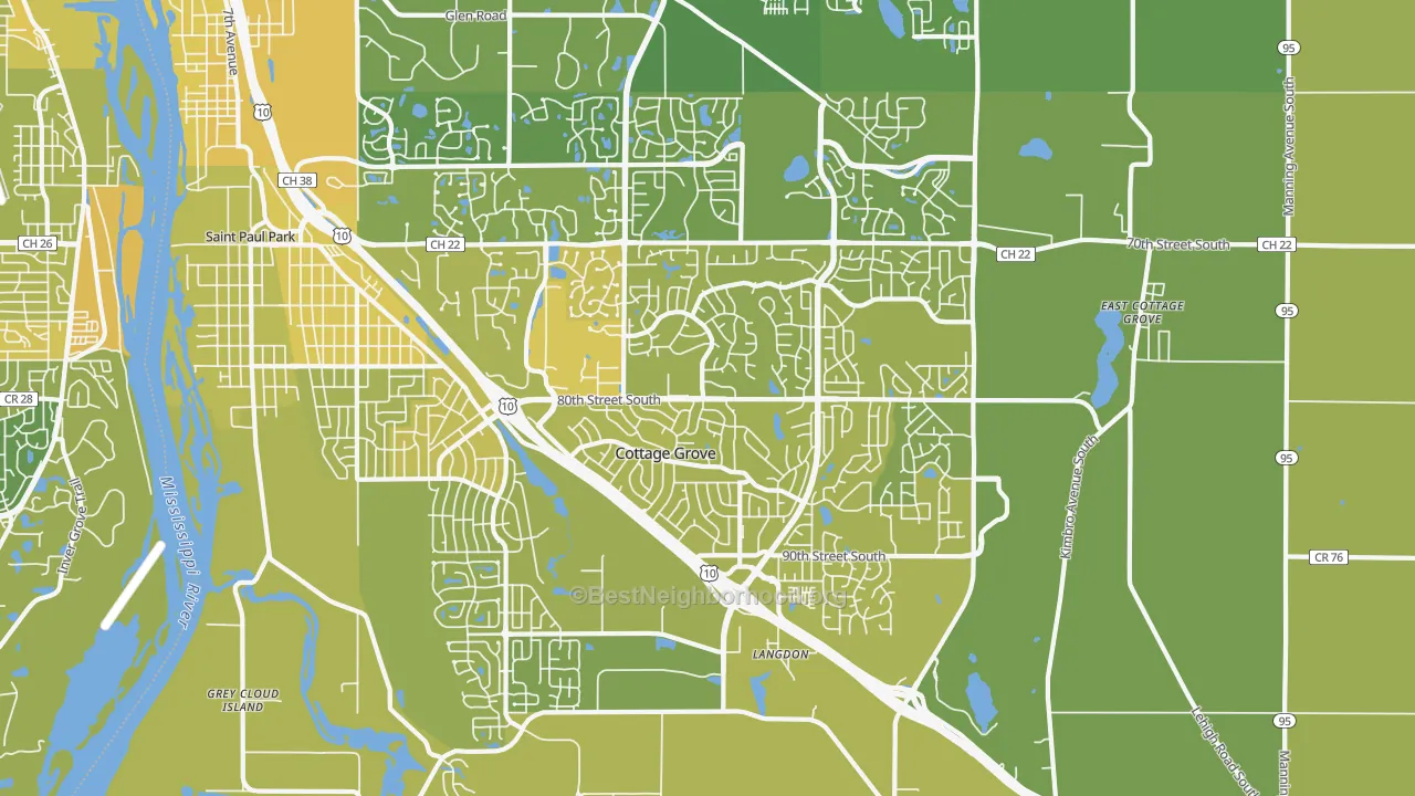 Map of the best neighborhoods in the Cottage Grove area, with better matches in green and worse matches in red