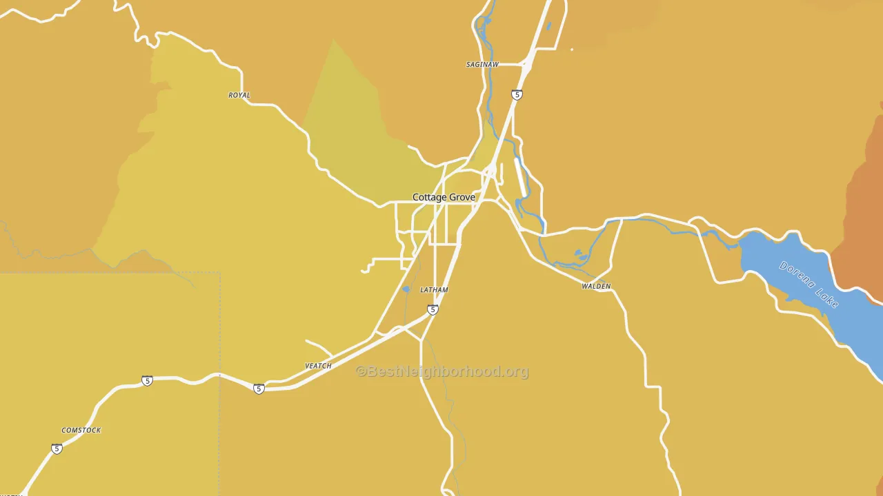 Map of the best neighborhoods in the Cottage Grove area, with better matches in green and worse matches in red