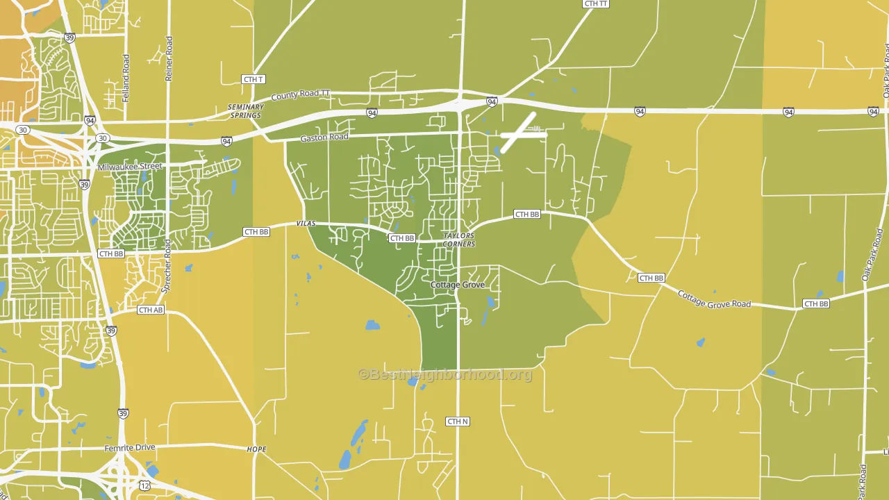 Map of the best neighborhoods in the Cottage Grove area, with better matches in green and worse matches in red