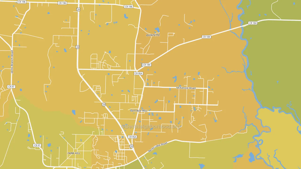 Map of the best neighborhoods in the Cottage Hill area, with better matches in green and worse matches in red
