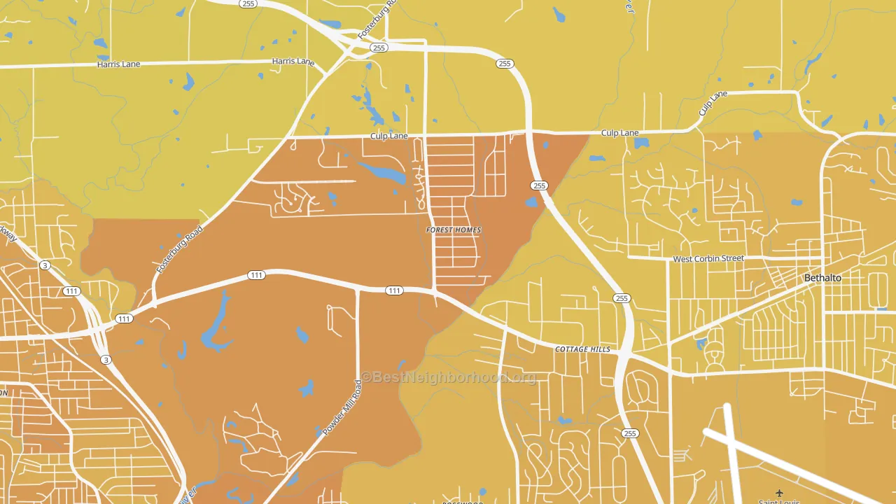 Map of the best neighborhoods in the Cottage Hills area, with better matches in green and worse matches in red