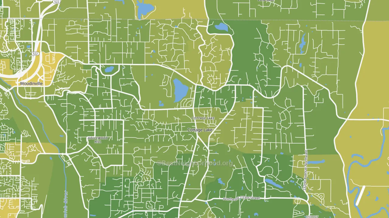 Map of the best neighborhoods in the Cottage Lake area, with better matches in green and worse matches in red