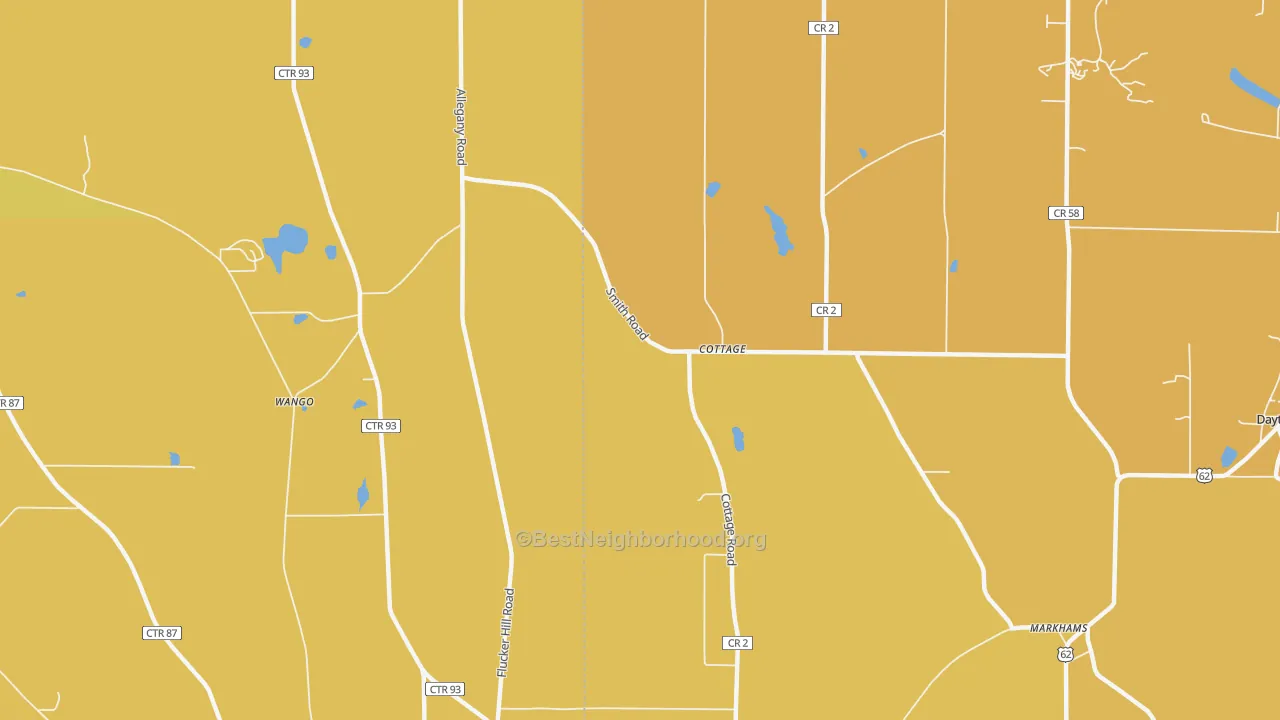 Map of the best neighborhoods in the Cottage area, with better matches in green and worse matches in red