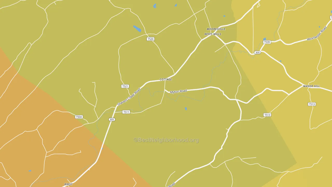 Map of the best neighborhoods in the Cottage area, with better matches in green and worse matches in red