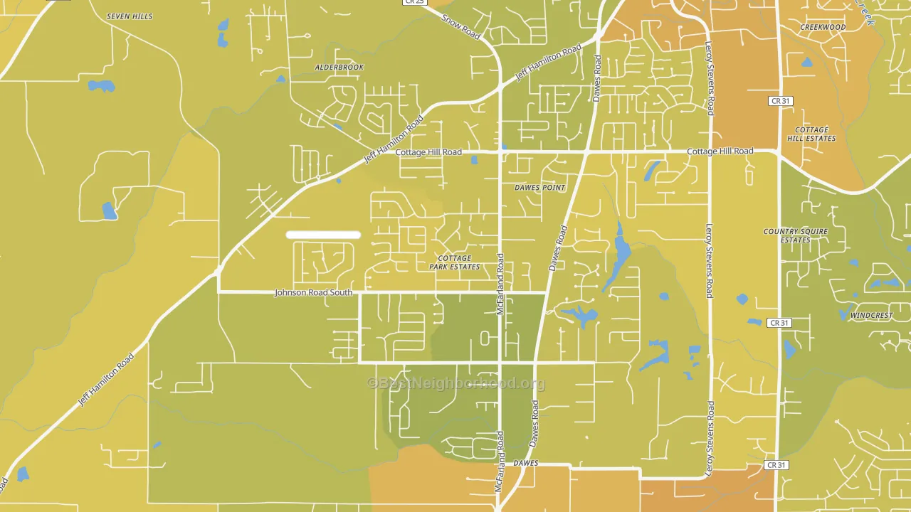 Map of the best neighborhoods in the Cottage Park, Mobile area, with better matches in green and worse matches in red
