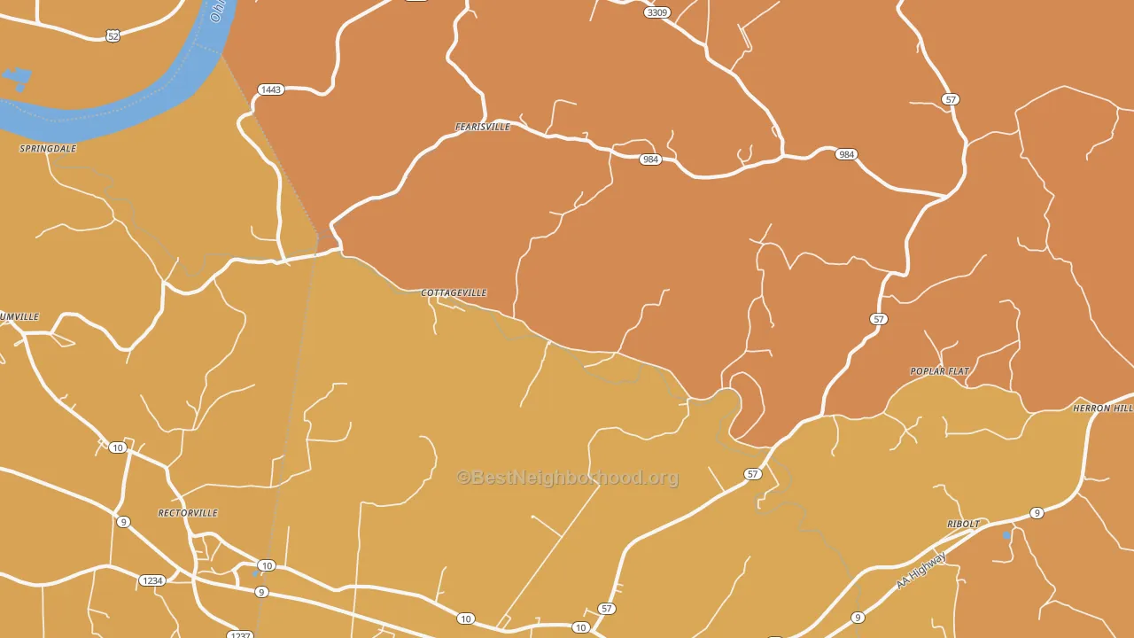 Map of the best neighborhoods in the Cottageville area, with better matches in green and worse matches in red