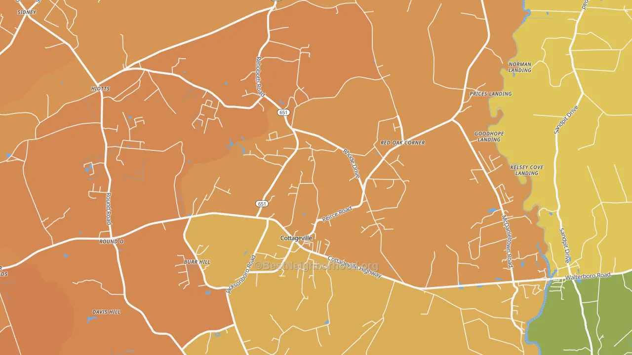 Map of the best neighborhoods in the Cottageville area, with better matches in green and worse matches in red