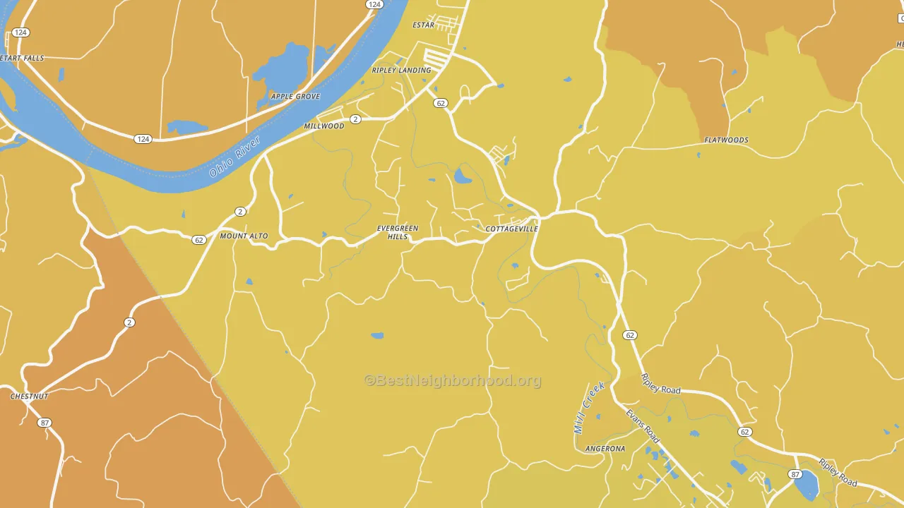 Map of the best neighborhoods in the Cottageville area, with better matches in green and worse matches in red