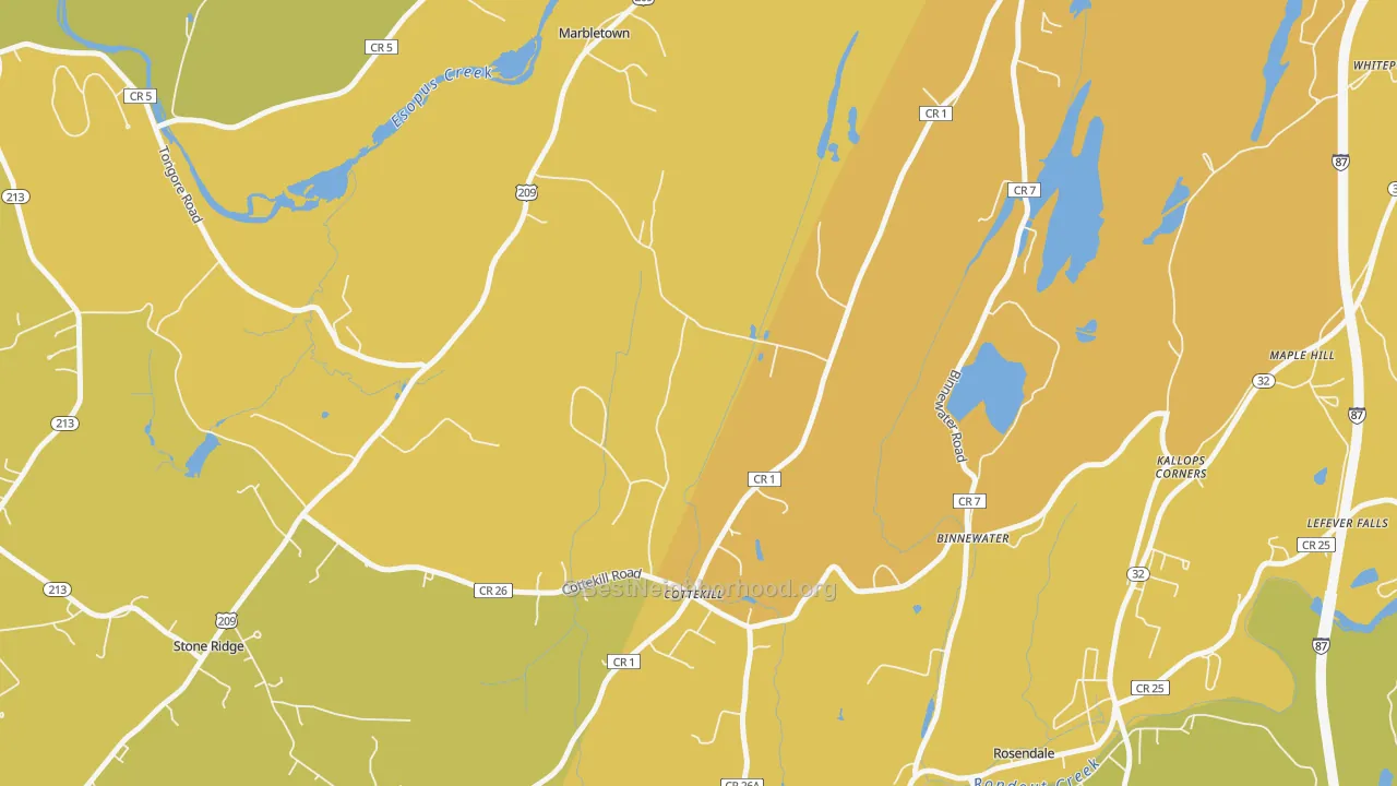 Map of the best neighborhoods in the Cottekill area, with better matches in green and worse matches in red