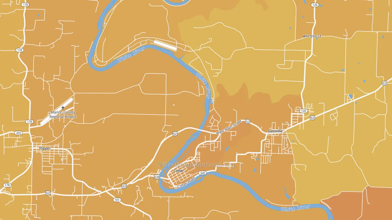 Map of the best neighborhoods in the Cotter area, with better matches in green and worse matches in red