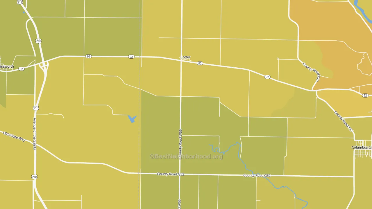Map of the best neighborhoods in the Cotter area, with better matches in green and worse matches in red