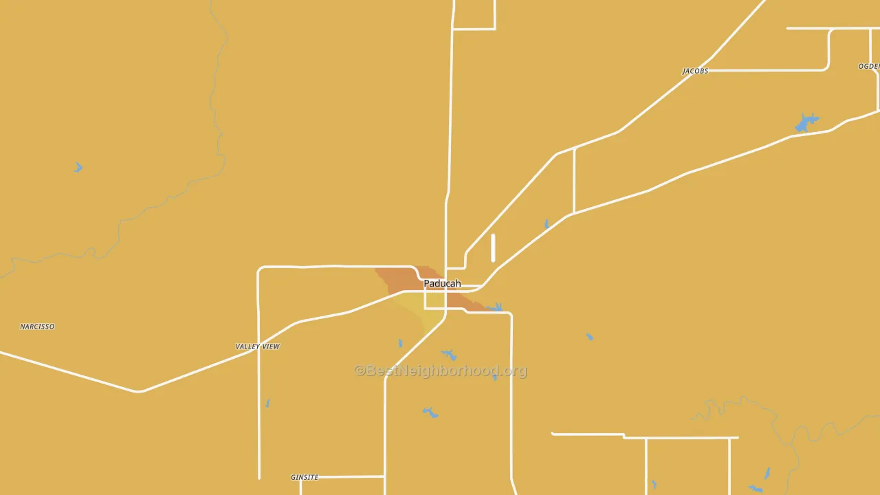 Map of the best neighborhoods in the Cottle County area, with better matches in green and worse matches in red