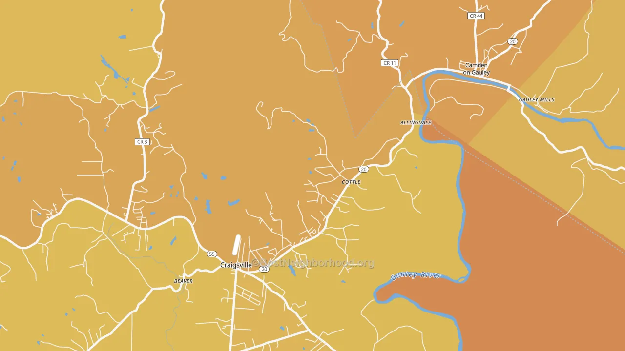 Map of the best neighborhoods in the Cottle area, with better matches in green and worse matches in red