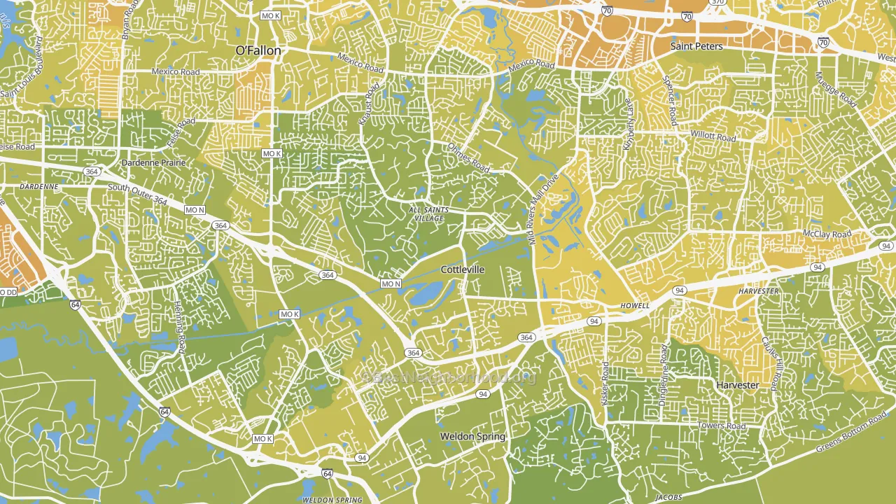 Map of the best neighborhoods in the Cottleville area, with better matches in green and worse matches in red