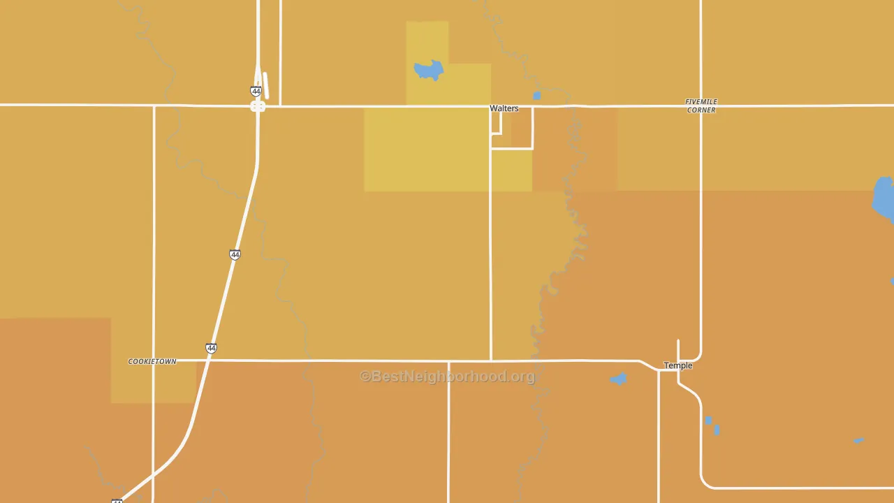 Map of the best neighborhoods in the Cotton County area, with better matches in green and worse matches in red