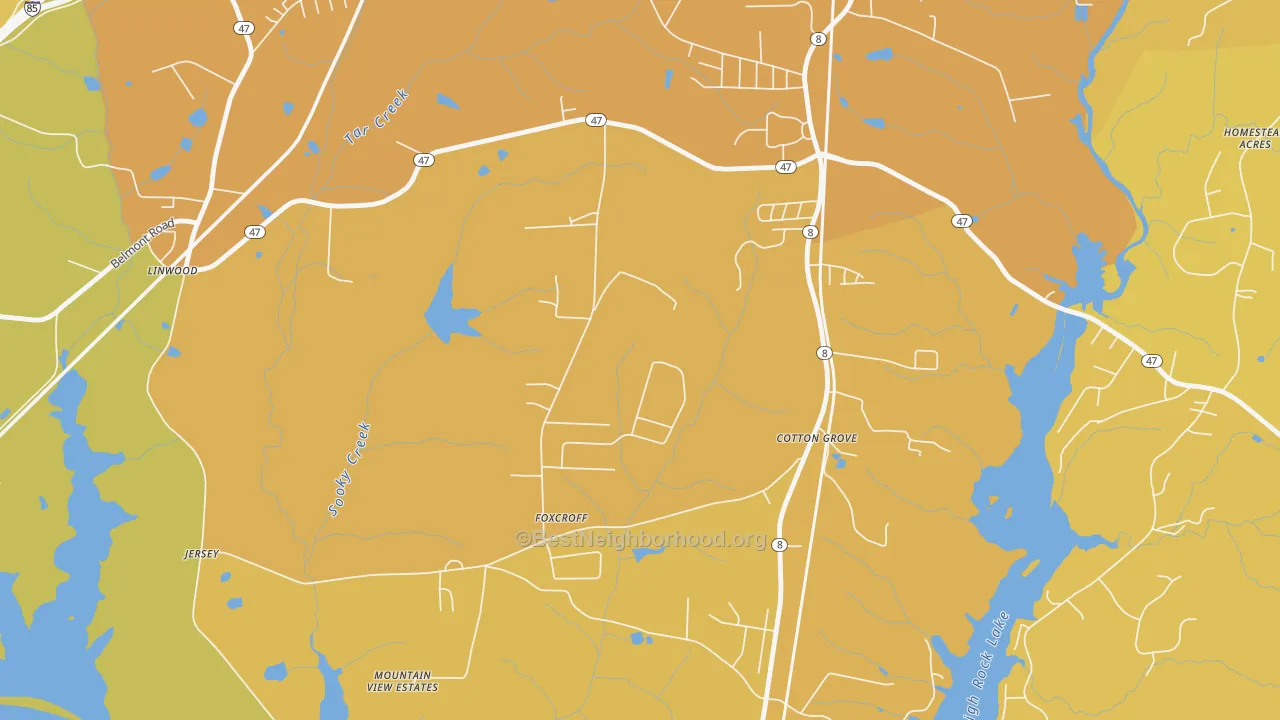 Map of the best neighborhoods in the Cotton Grove area, with better matches in green and worse matches in red