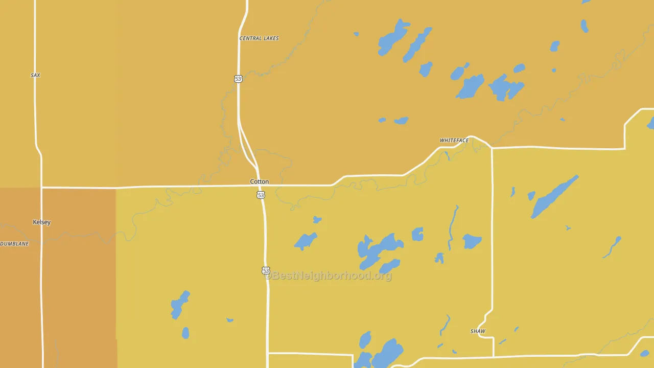 Map of the best neighborhoods in the Cotton area, with better matches in green and worse matches in red