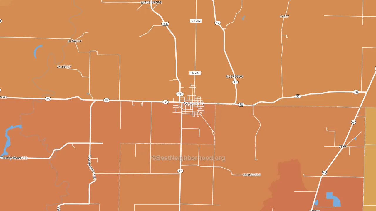 Map of the best neighborhoods in the Cotton Plant area, with better matches in green and worse matches in red