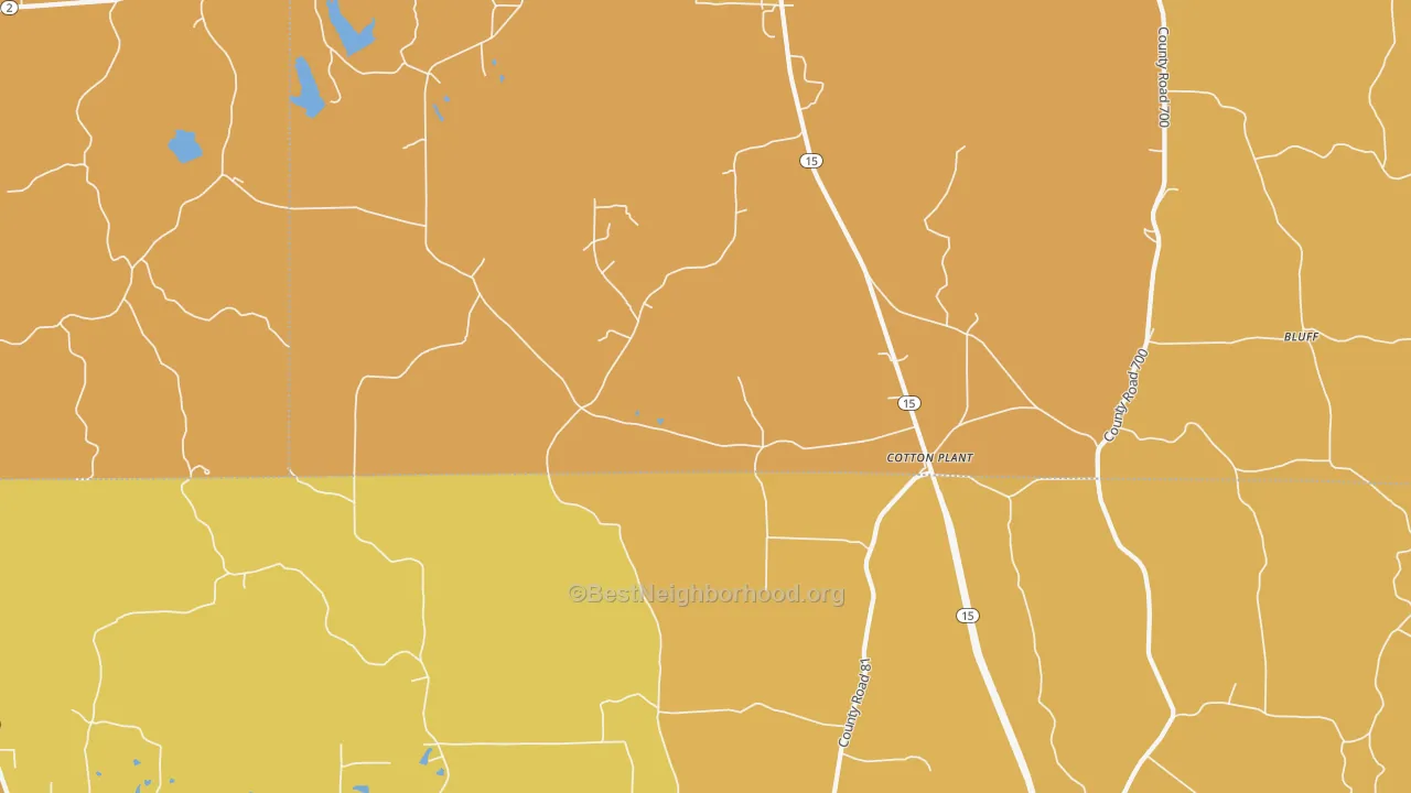 Map of the best neighborhoods in the Cotton Plant area, with better matches in green and worse matches in red