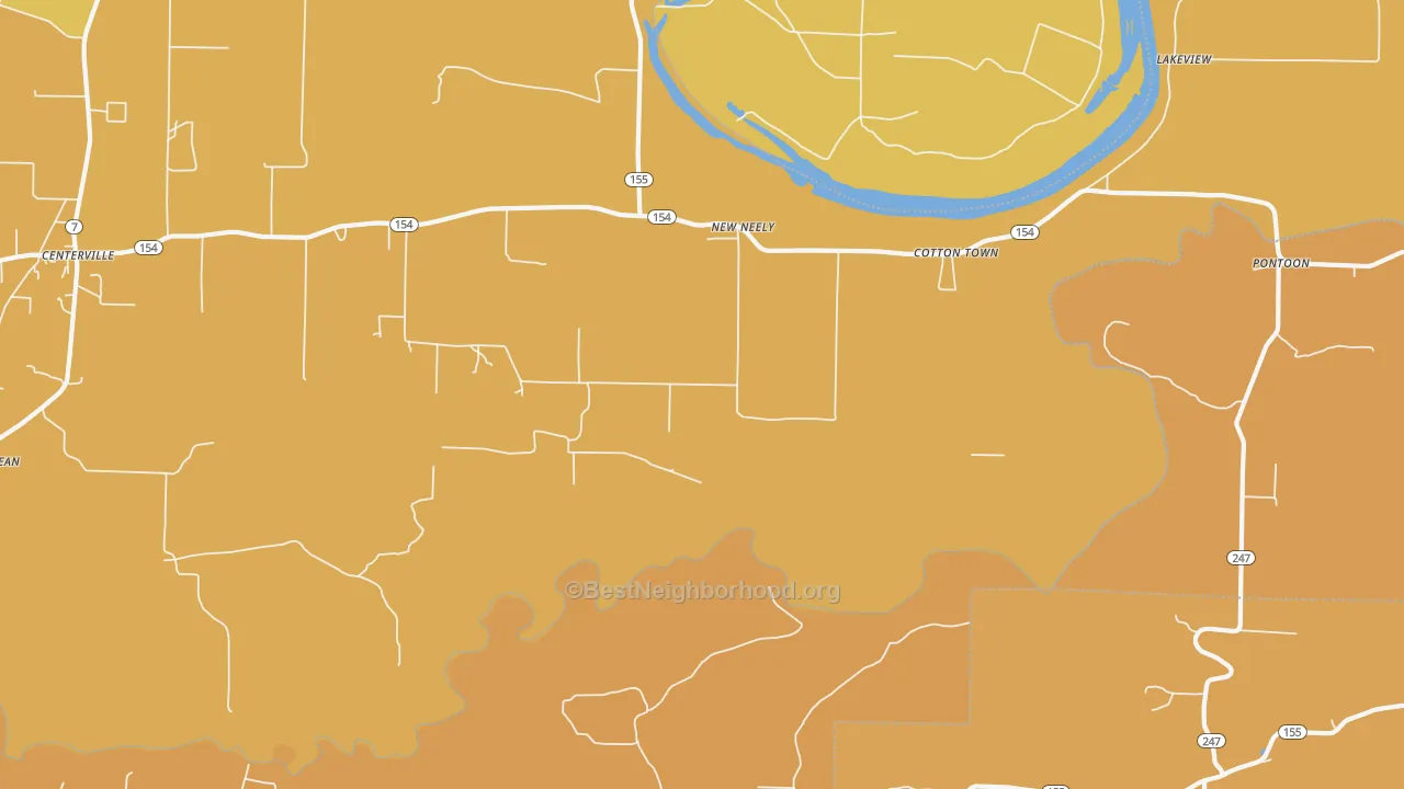 Map of the best neighborhoods in the Cotton Town area, with better matches in green and worse matches in red