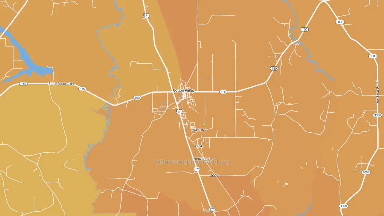 Map of the best neighborhoods in the Cotton Valley area, with better matches in green and worse matches in red