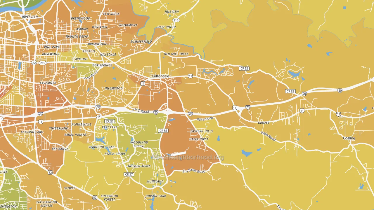 Map of the best neighborhoods in the Cottondale area, with better matches in green and worse matches in red