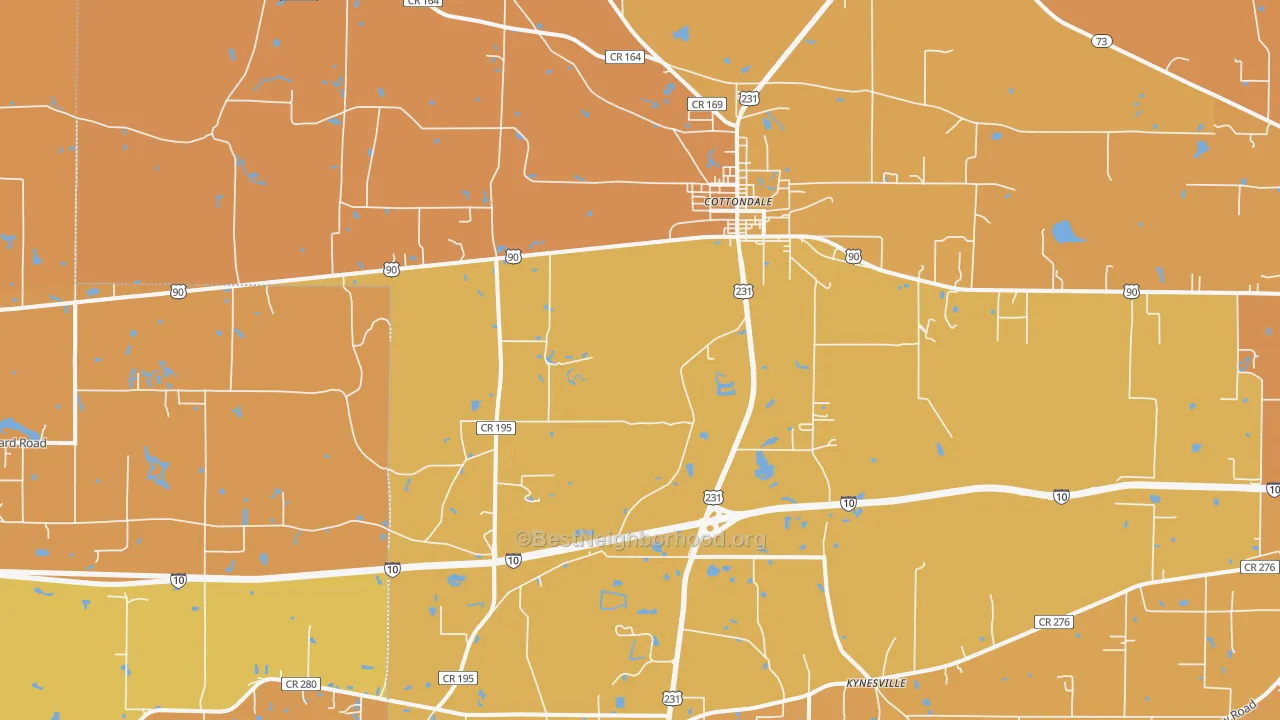 Map of the best neighborhoods in the Cottondale area, with better matches in green and worse matches in red