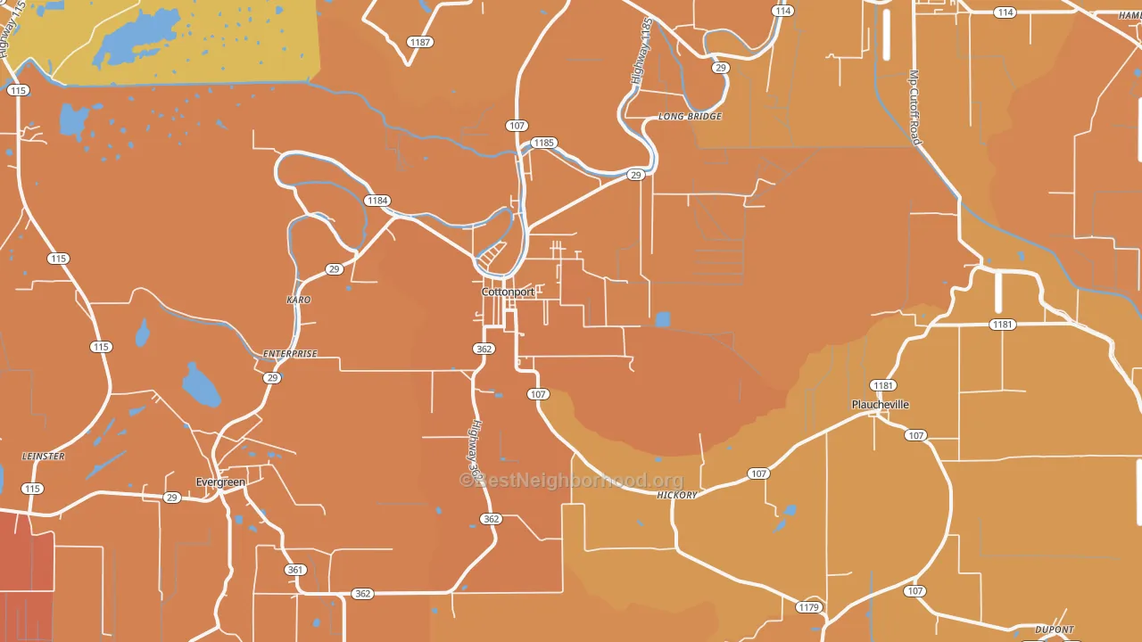 Map of the best neighborhoods in the Cottonport area, with better matches in green and worse matches in red