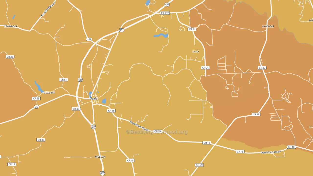 Map of the best neighborhoods in the Cottonton area, with better matches in green and worse matches in red
