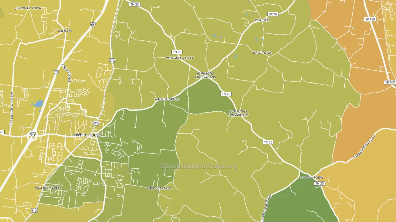 Map of the best neighborhoods in the Cottontown area, with better matches in green and worse matches in red