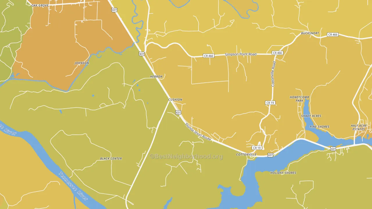 Map of the best neighborhoods in the Cottonville area, with better matches in green and worse matches in red