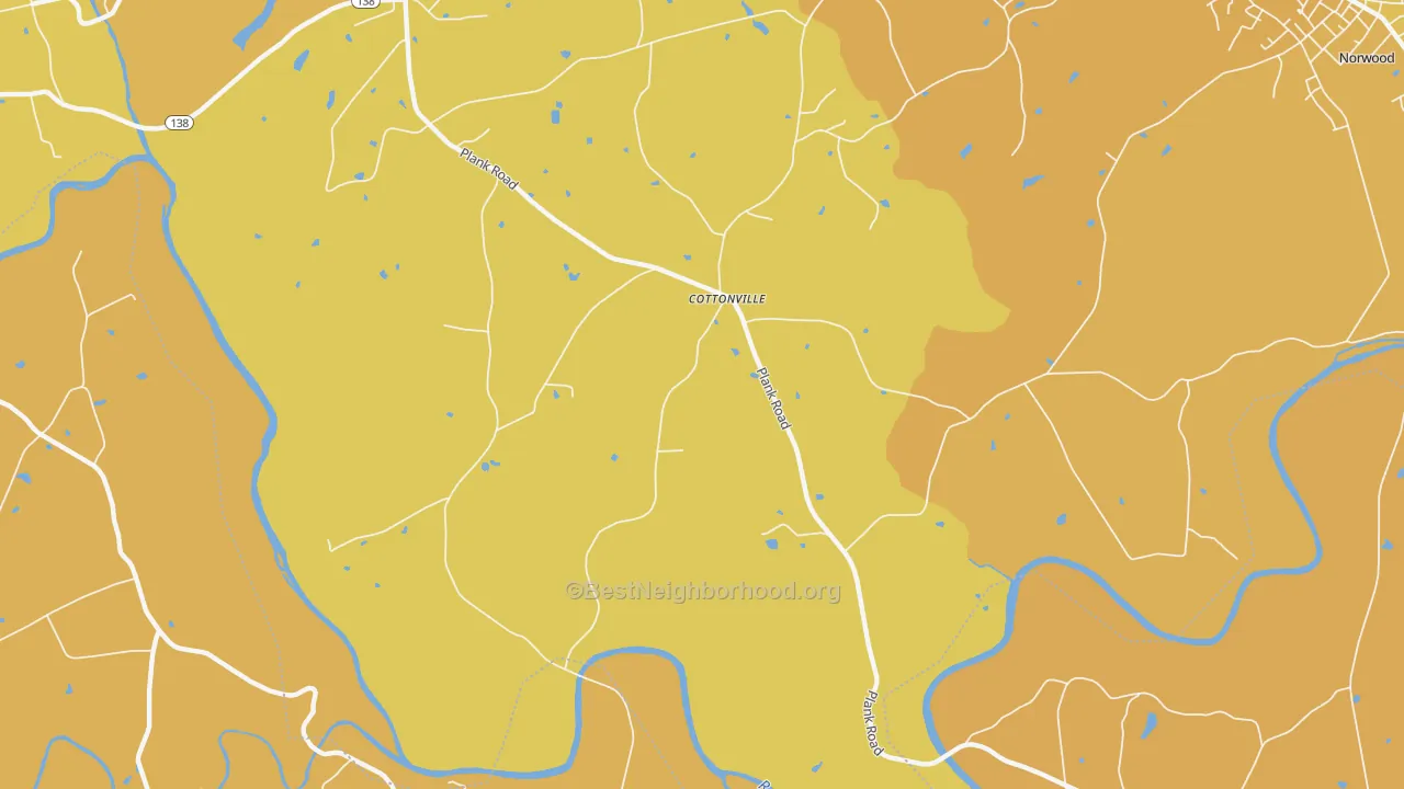 Map of the best neighborhoods in the Cottonville area, with better matches in green and worse matches in red