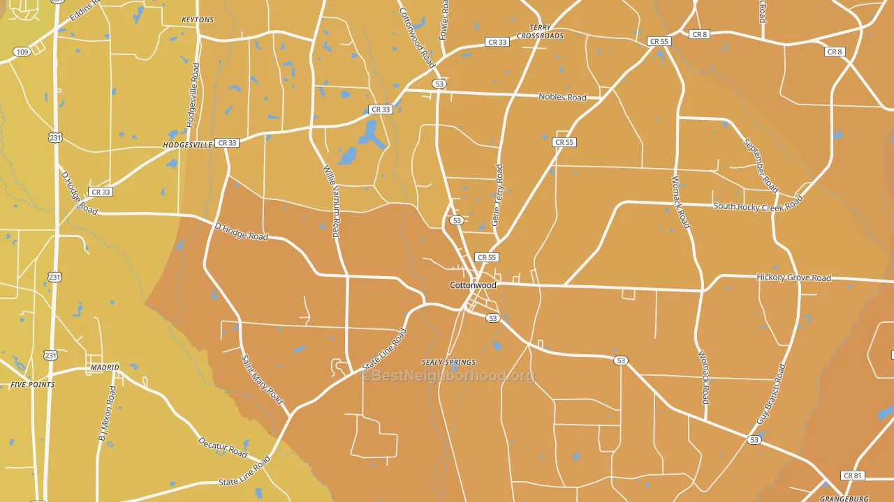 Map of the best neighborhoods in the Cottonwood area, with better matches in green and worse matches in red