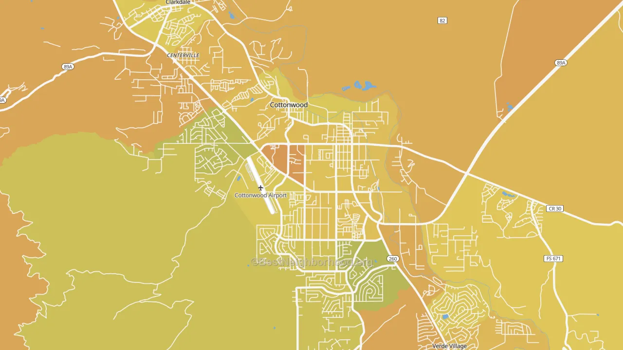 Map of the best neighborhoods in the Cottonwood area, with better matches in green and worse matches in red