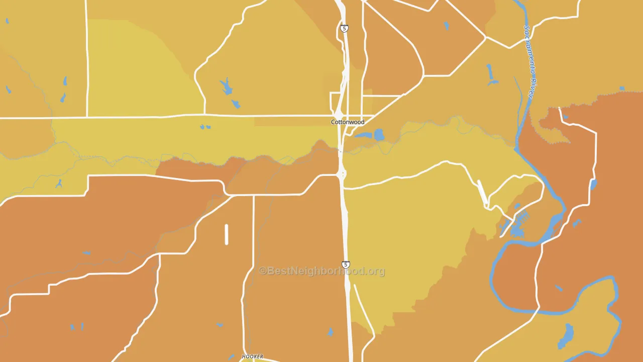 Map of the best neighborhoods in the Cottonwood area, with better matches in green and worse matches in red