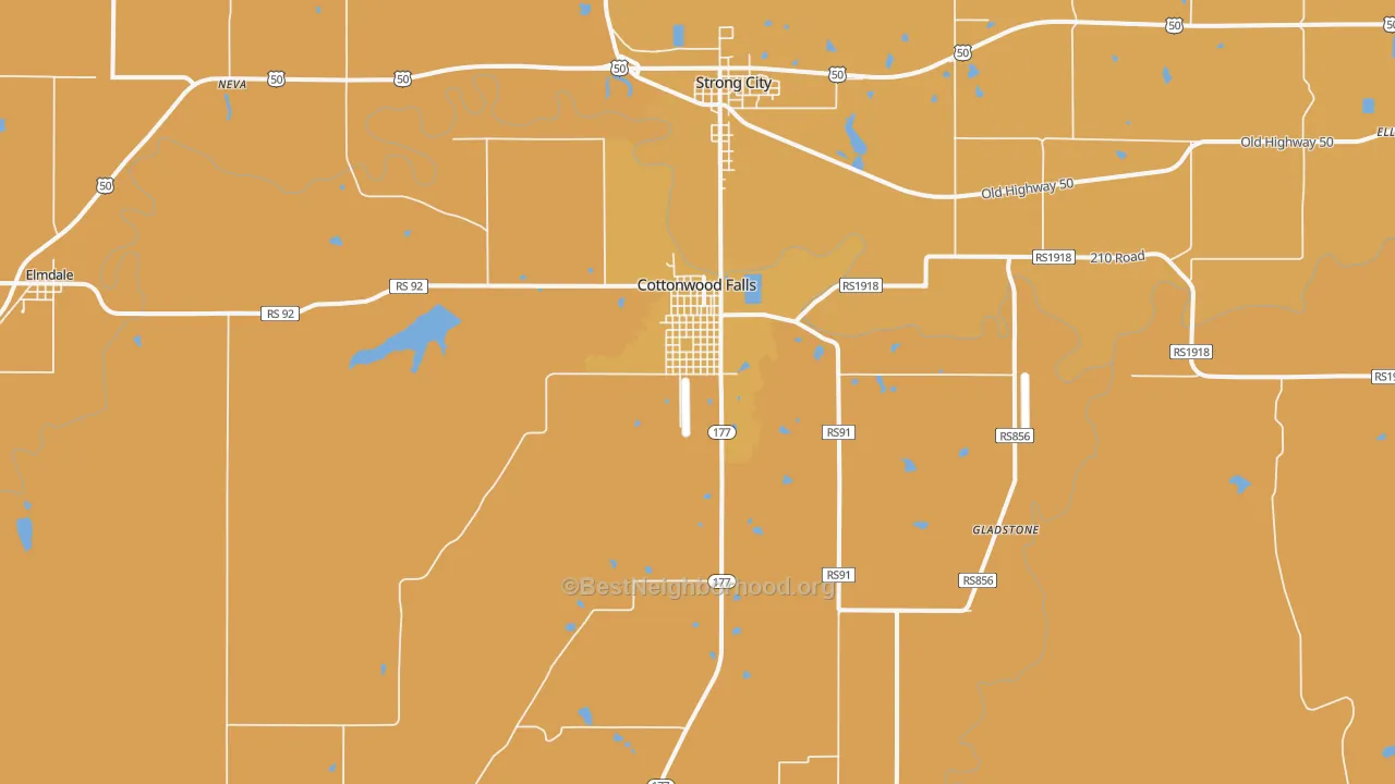 Map of the best neighborhoods in the Cottonwood Falls area, with better matches in green and worse matches in red