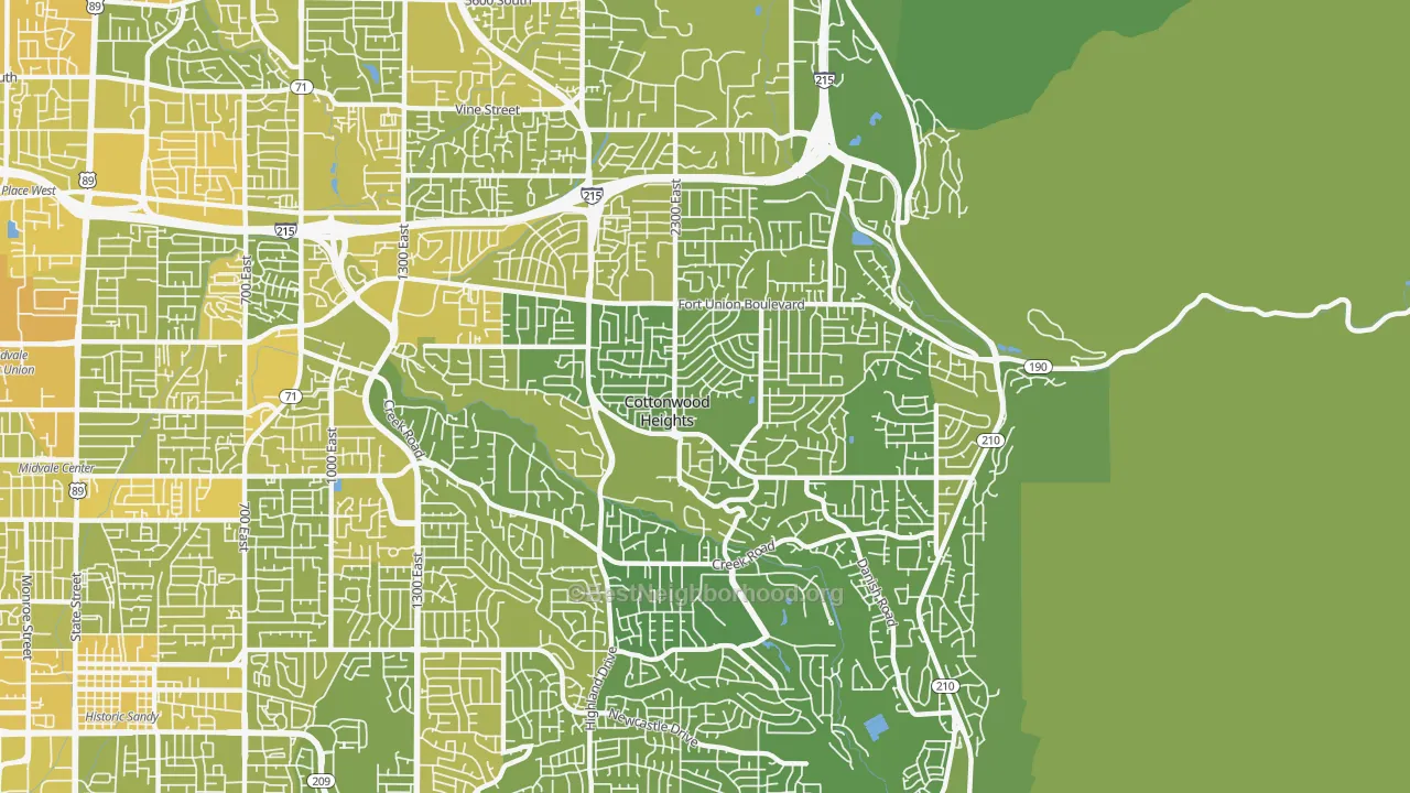 Map of the best neighborhoods in the Cottonwood Heights area, with better matches in green and worse matches in red