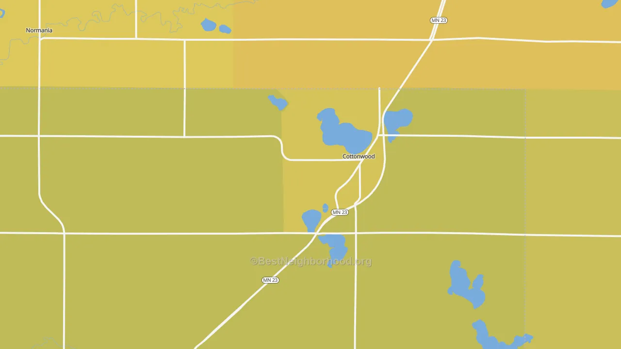 Map of the best neighborhoods in the Cottonwood area, with better matches in green and worse matches in red