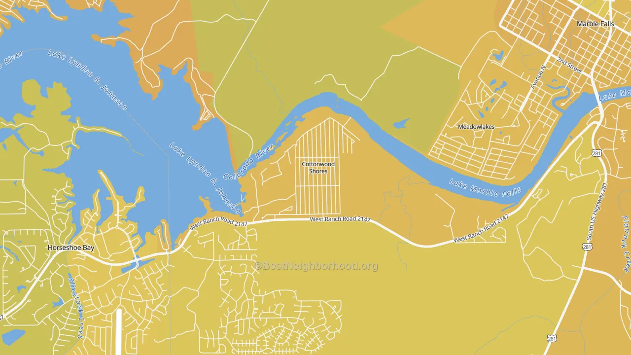 Map of the best neighborhoods in the Cottonwood Shores area, with better matches in green and worse matches in red
