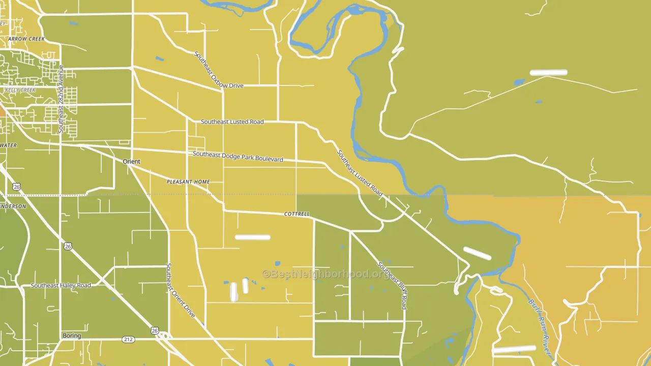 Map of the best neighborhoods in the Cottrell area, with better matches in green and worse matches in red
