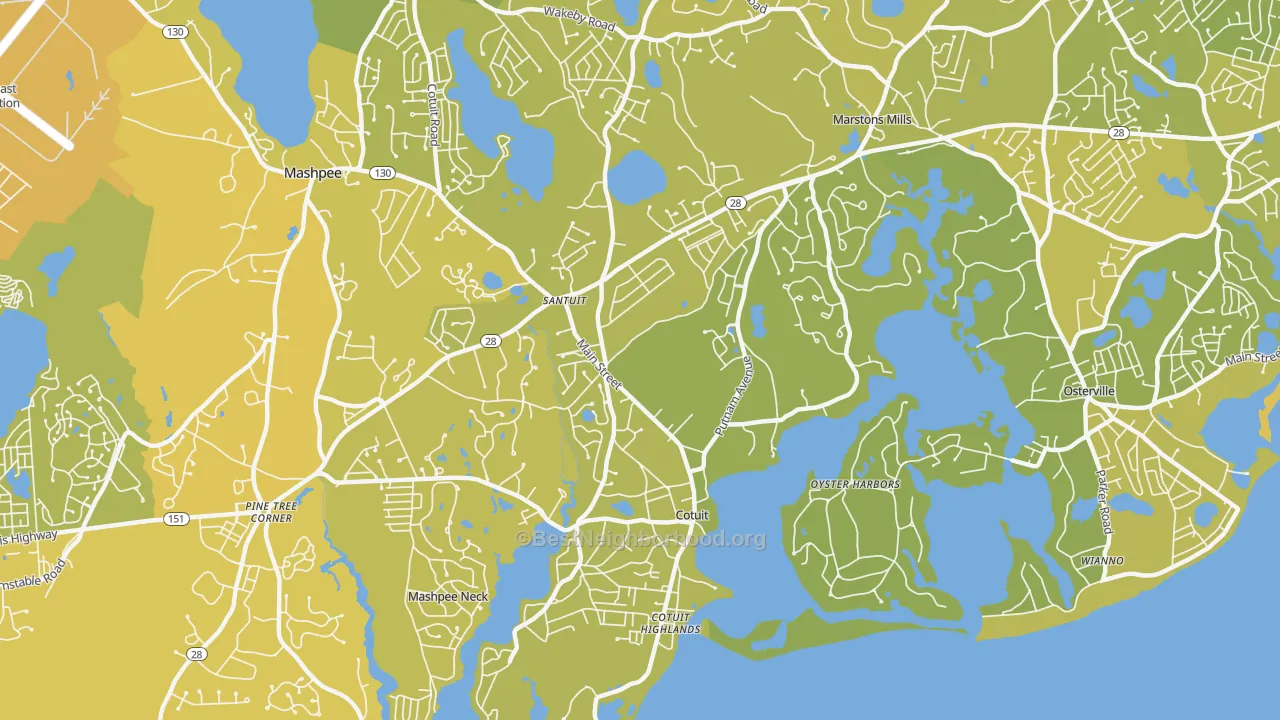 Map of the best neighborhoods in the Cotuit area, with better matches in green and worse matches in red