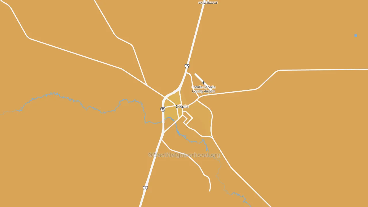 Map of the best neighborhoods in the Cotulla area, with better matches in green and worse matches in red