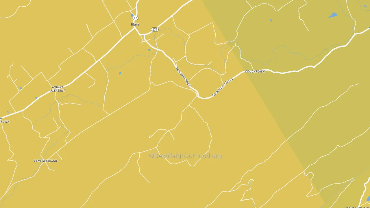 Map of the best neighborhoods in the Couchtown area, with better matches in green and worse matches in red