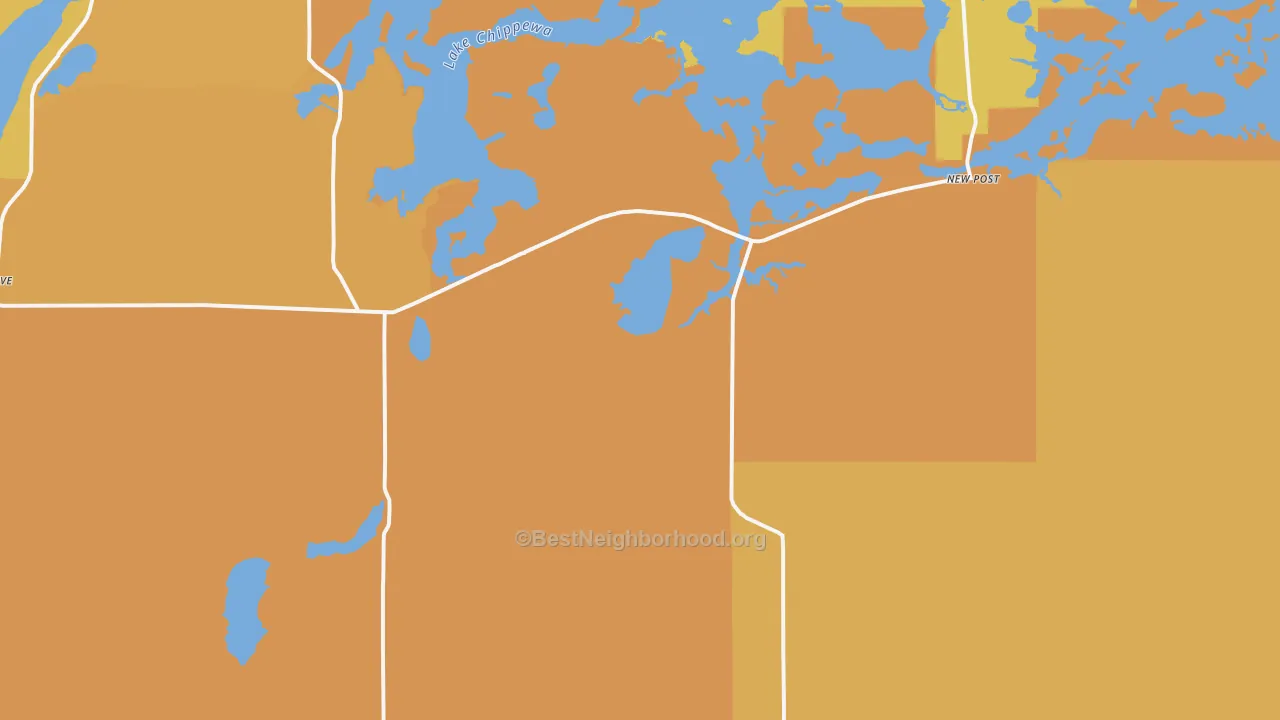 Map of the best neighborhoods in the Couderay area, with better matches in green and worse matches in red