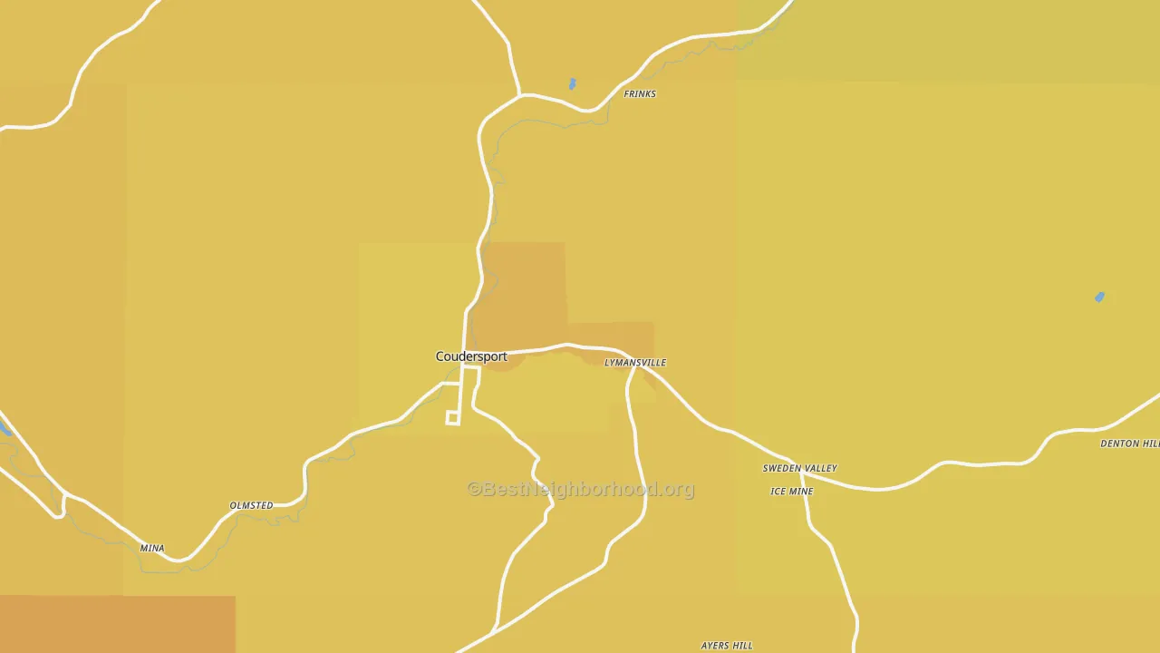 Map of the best neighborhoods in the Coudersport area, with better matches in green and worse matches in red