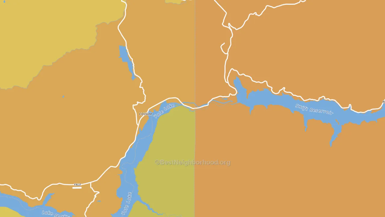 Map of the best neighborhoods in the Cougar area, with better matches in green and worse matches in red